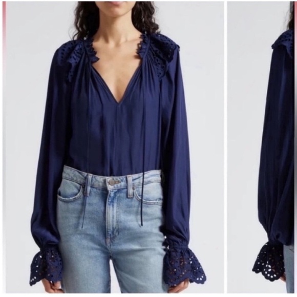 Ramy Brook Lilian Ruffle Eyelet Top Blue NWT extra small - Picture 1 of 10